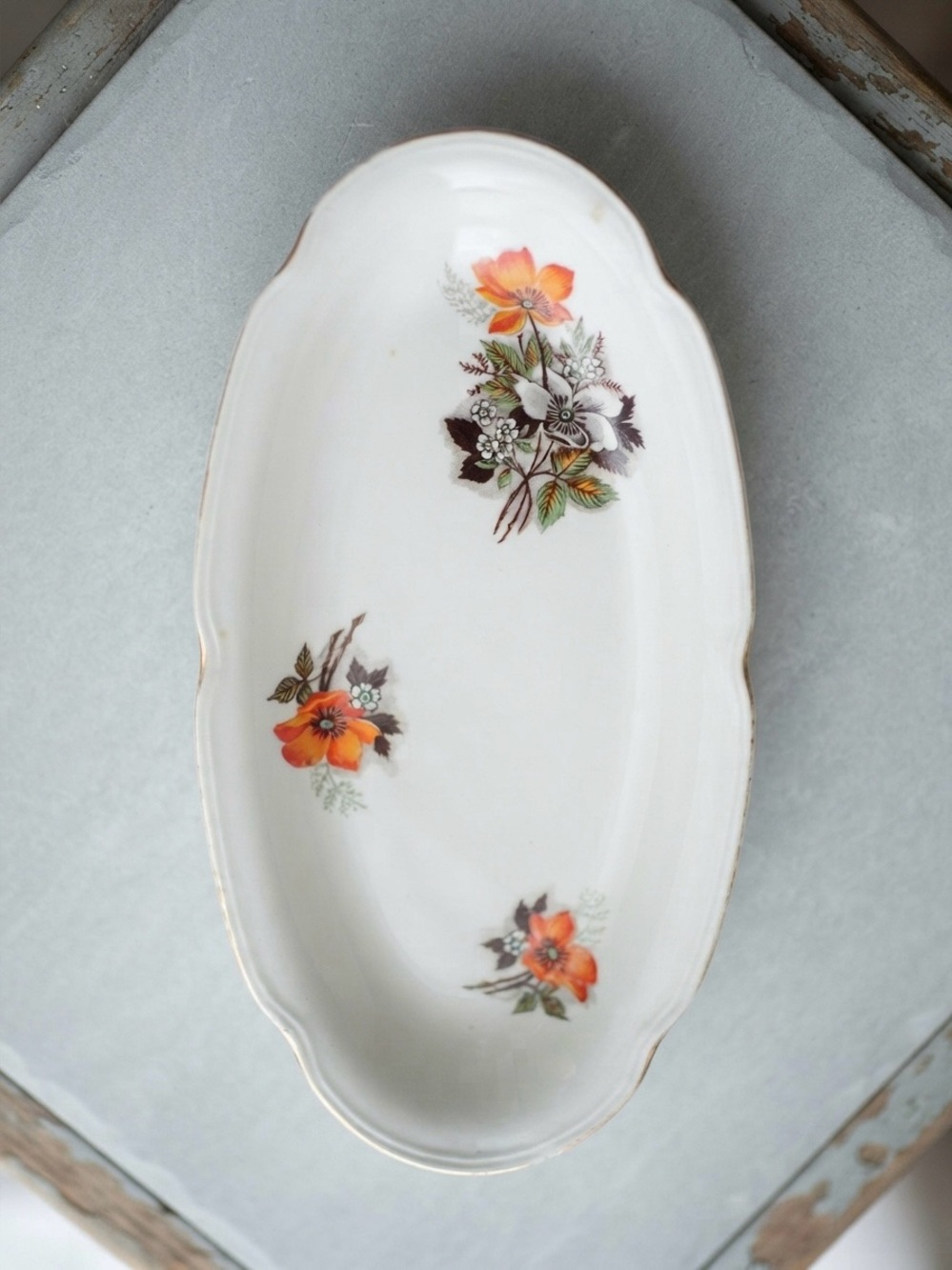 Vintage Soviet Korosten Porcelain Oval Platter Orange Floral 1970s USSR 12"